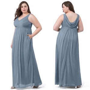 Azazie Oceana A-Line Pleated Mesh Full-Length Dress Dusty Blue Wedding Sz 14 NWT
